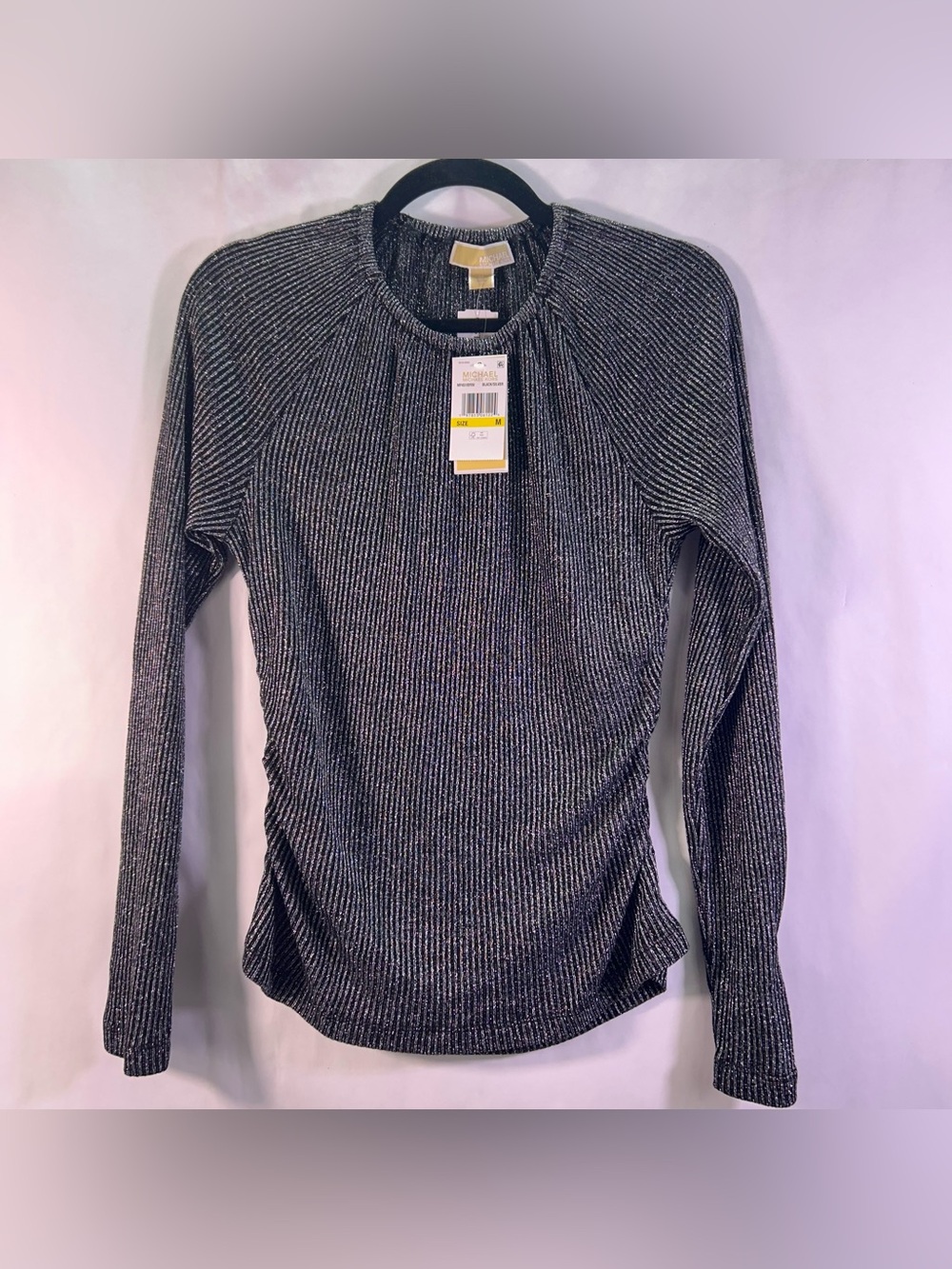 MICHAEL Michael Kors Shirred Neck Long Sleeve Ribbed Top Black/Silver - Medium